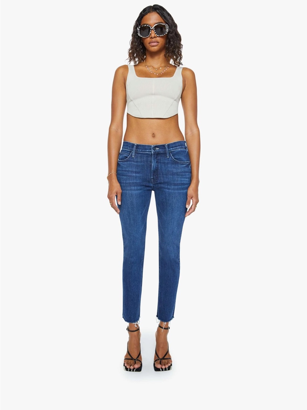 MOTHER
THE MID RISE DAZZLER
ANKLE FRAY Blue Ankle Crop Slim Jeans